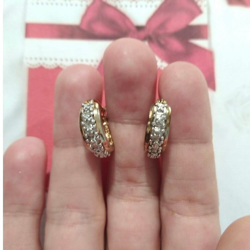 Diamond 14k yellow gold 925 Sterling Silver Round Huggie Hoop Earrings Pierced